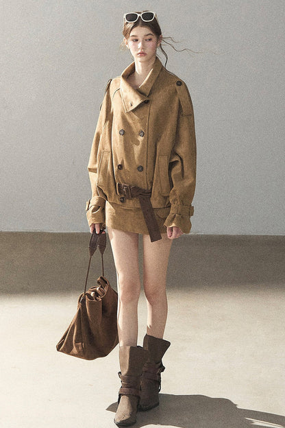 Chestnut Brown Faux Suede Windbreaker and Shorts Set-Up