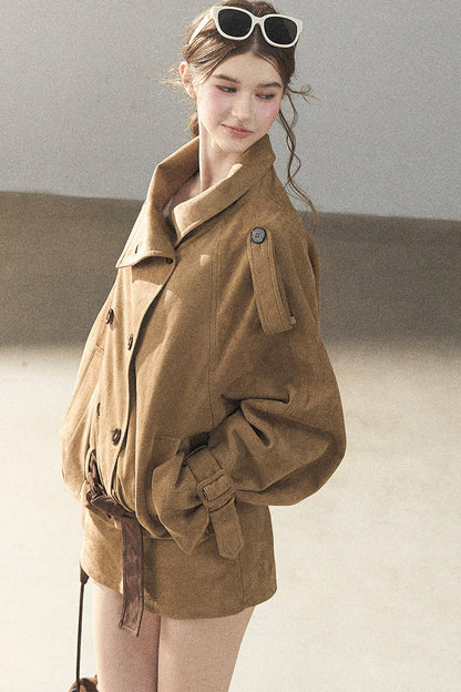 Chestnut Brown Faux Suede Windbreaker and Shorts Set-Up