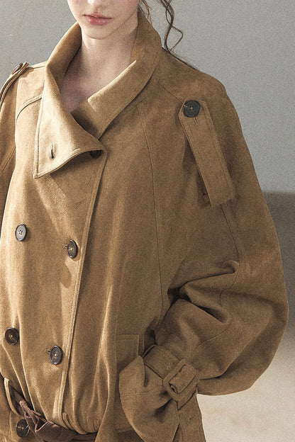 Chestnut Brown Faux Suede Windbreaker and Shorts Set-Up