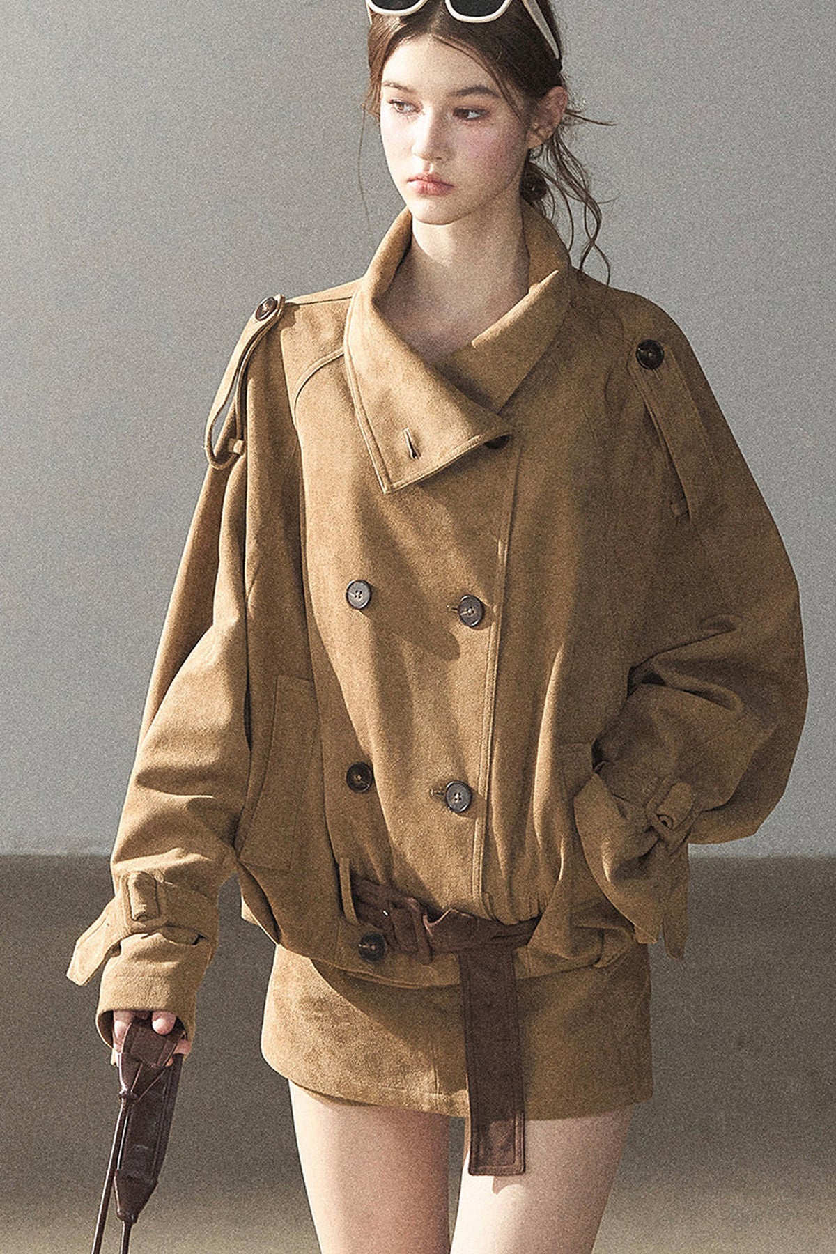 Chestnut Brown Faux Suede Windbreaker and Shorts Set-Up