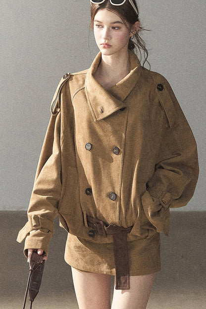 Chestnut Brown Faux Suede Windbreaker and Shorts Set-Up