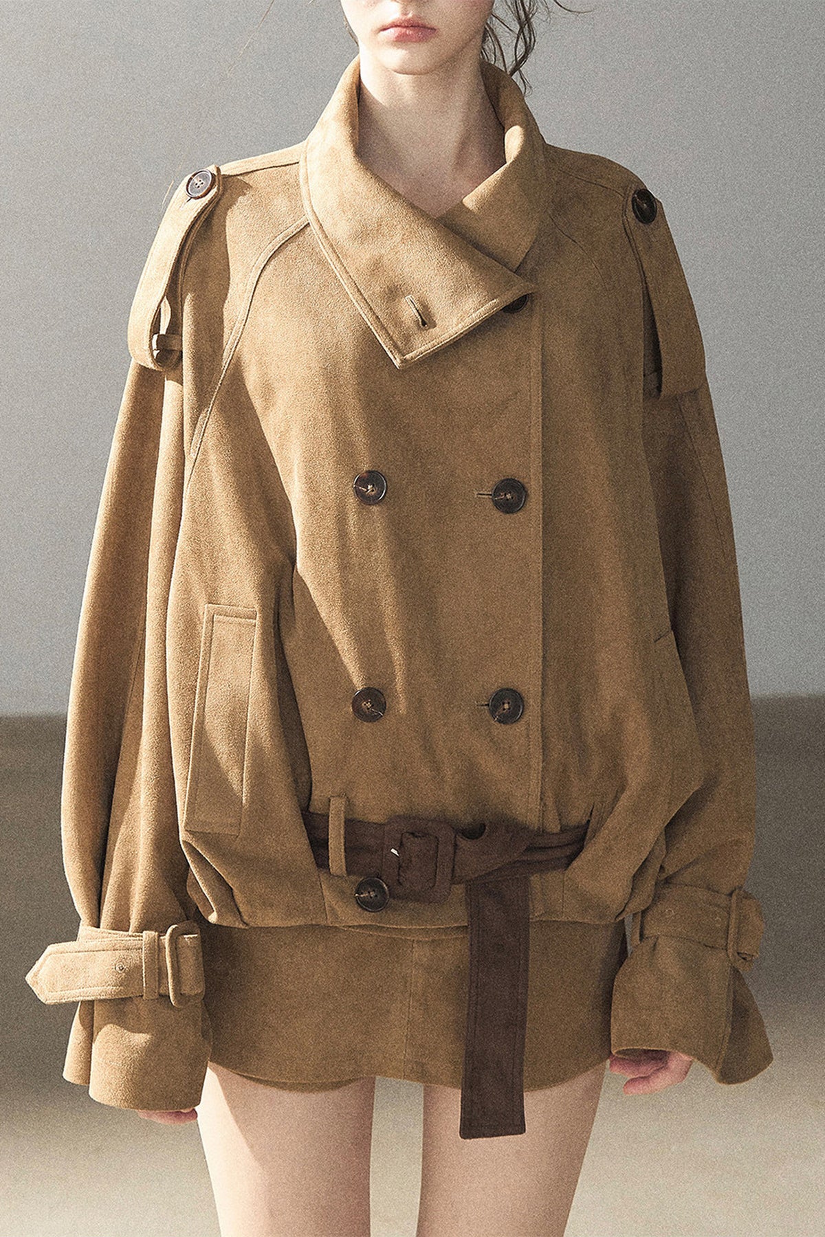 Chestnut Brown Faux Suede Windbreaker and Shorts Set-Up
