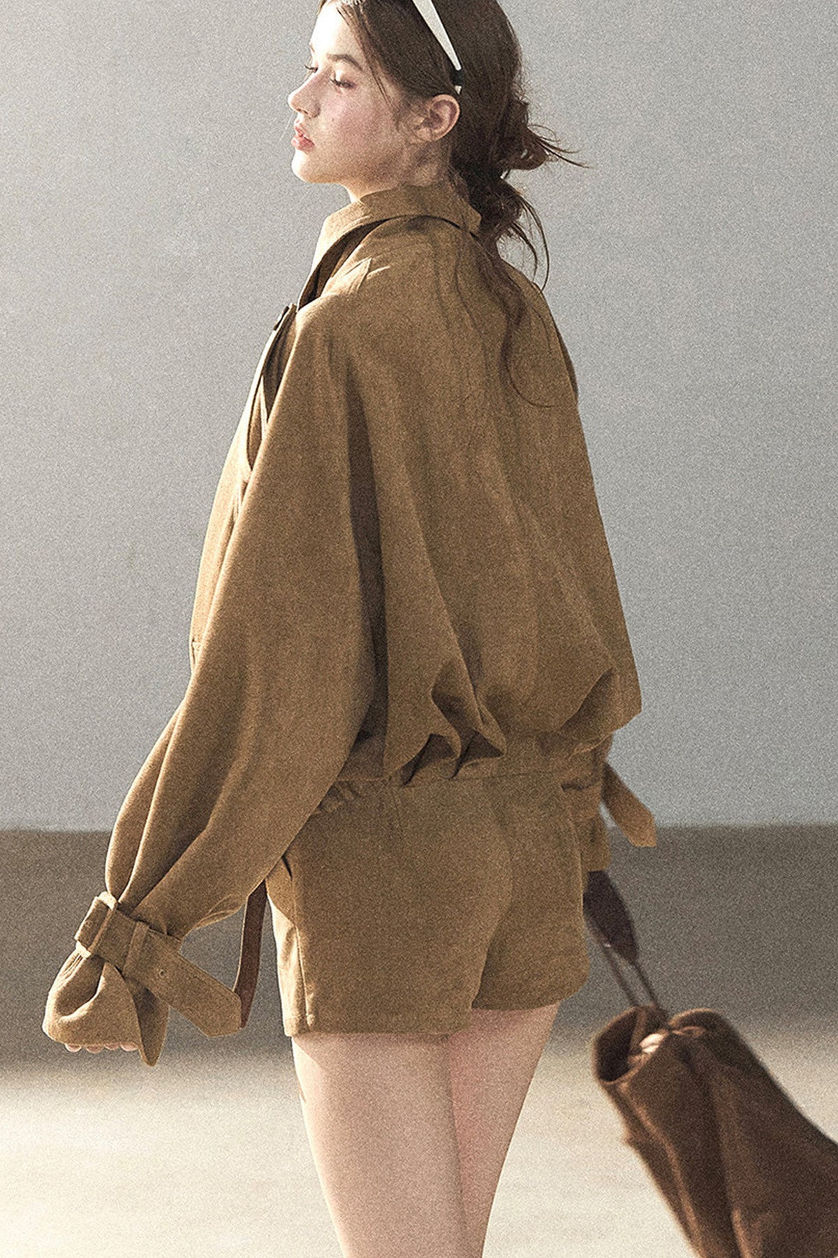 Chestnut Brown Faux Suede Windbreaker and Shorts Set-Up