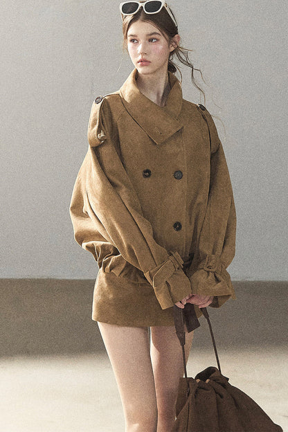 Chestnut Brown Faux Suede Windbreaker and Shorts Set-Up