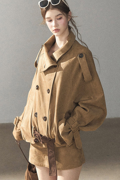 Chestnut Brown Faux Suede Windbreaker and Shorts Set-Up