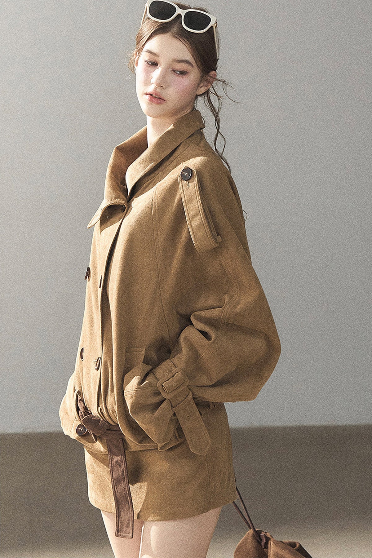 Chestnut Brown Faux Suede Windbreaker and Shorts Set-Up