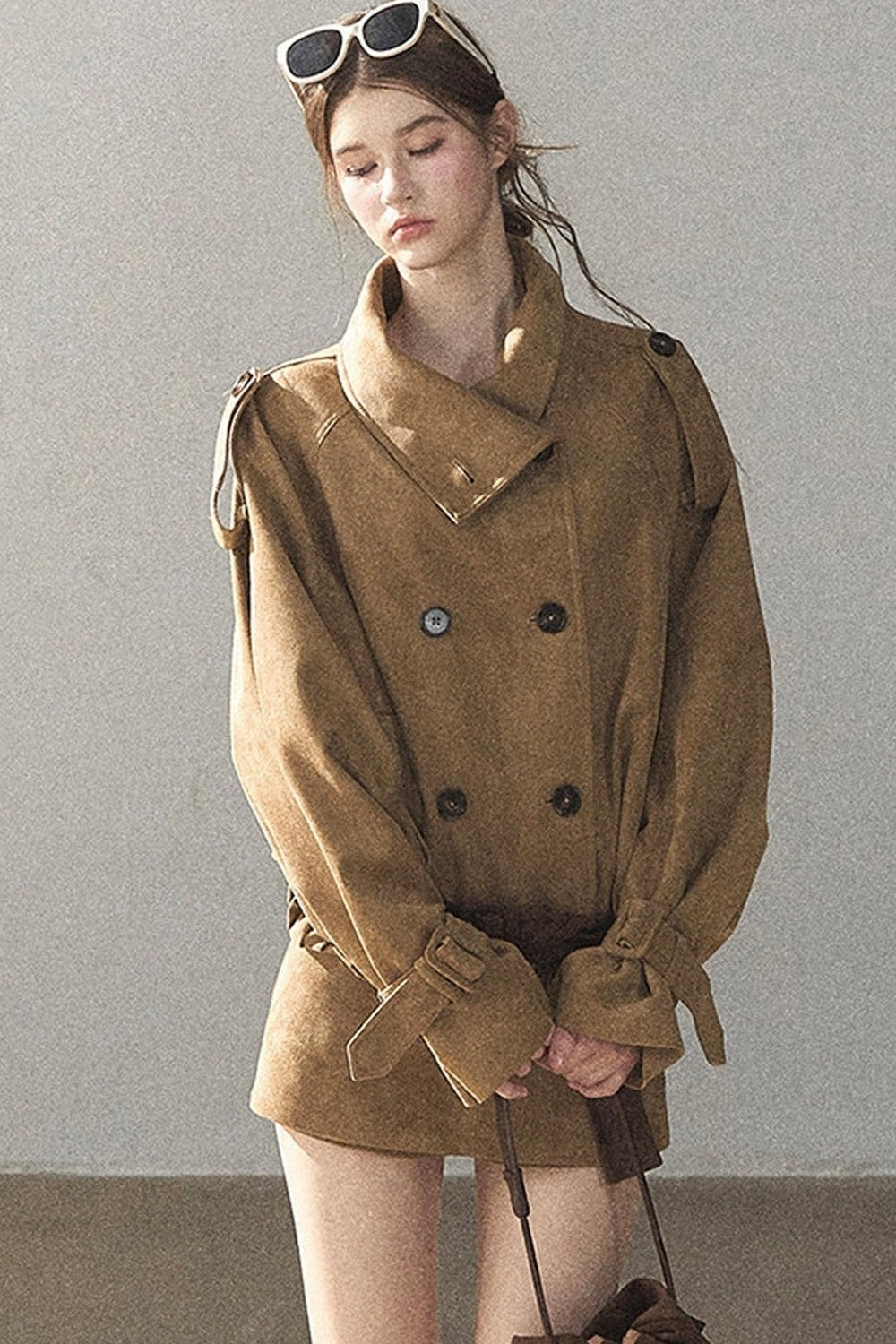Chestnut Brown Faux Suede Windbreaker and Shorts Set-Up