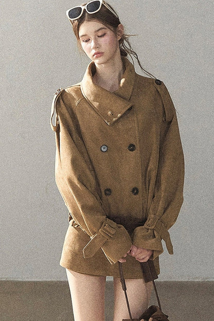 Chestnut Brown Faux Suede Windbreaker and Shorts Set-Up