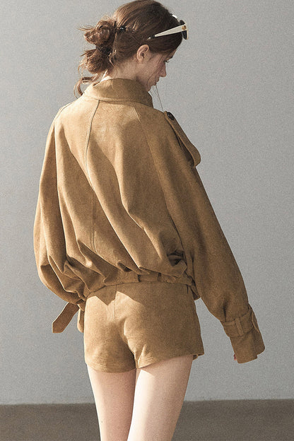 Chestnut Brown Faux Suede Windbreaker and Shorts Set-Up