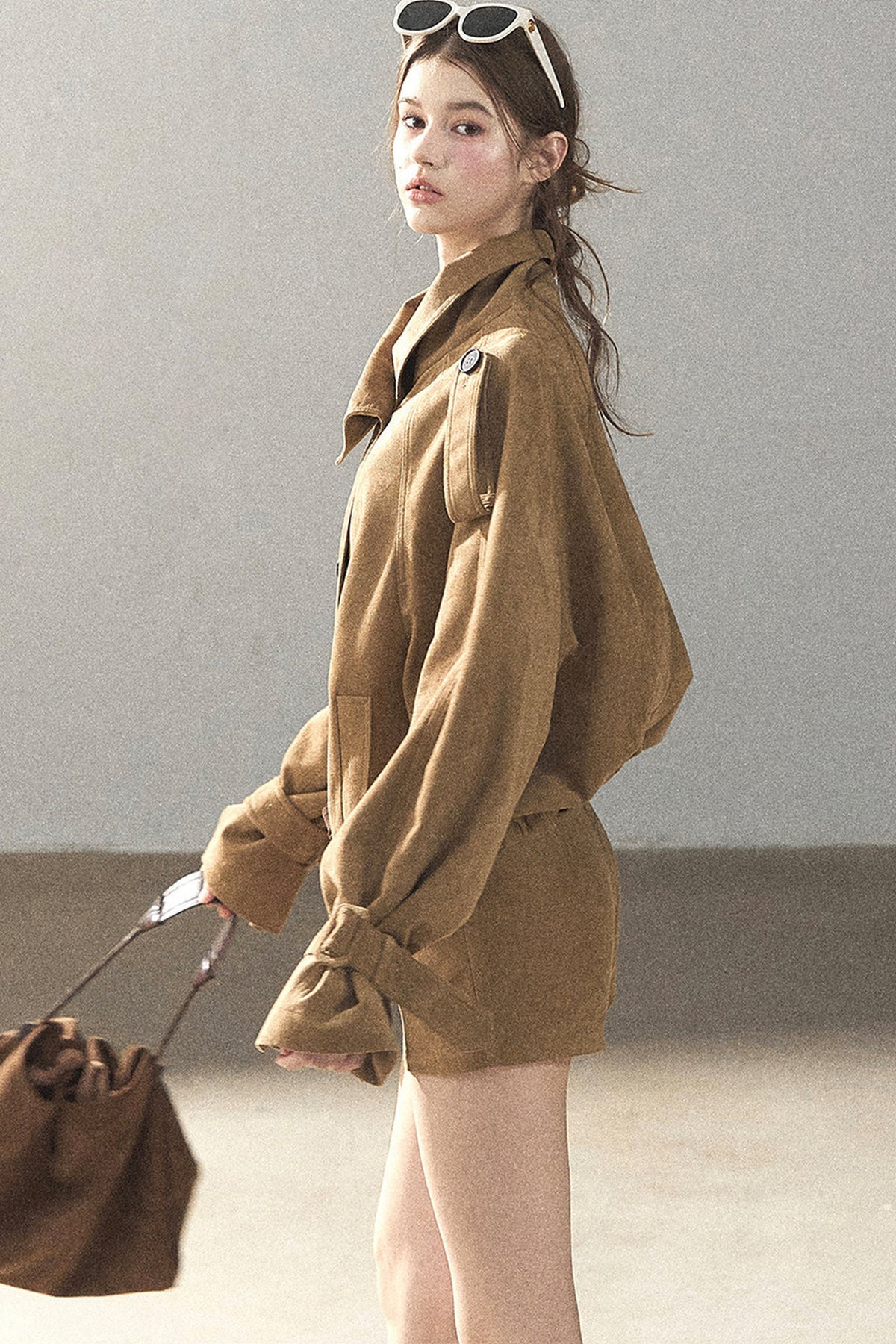 Chestnut Brown Faux Suede Windbreaker and Shorts Set-Up