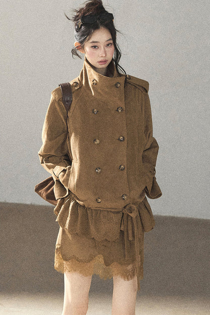 Double-Breasted Faux Suede Trench Coat and Skirt