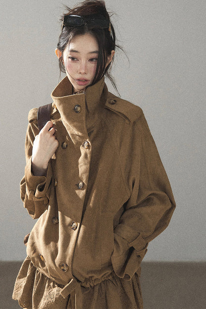 Double-Breasted Faux Suede Trench Coat and Skirt
