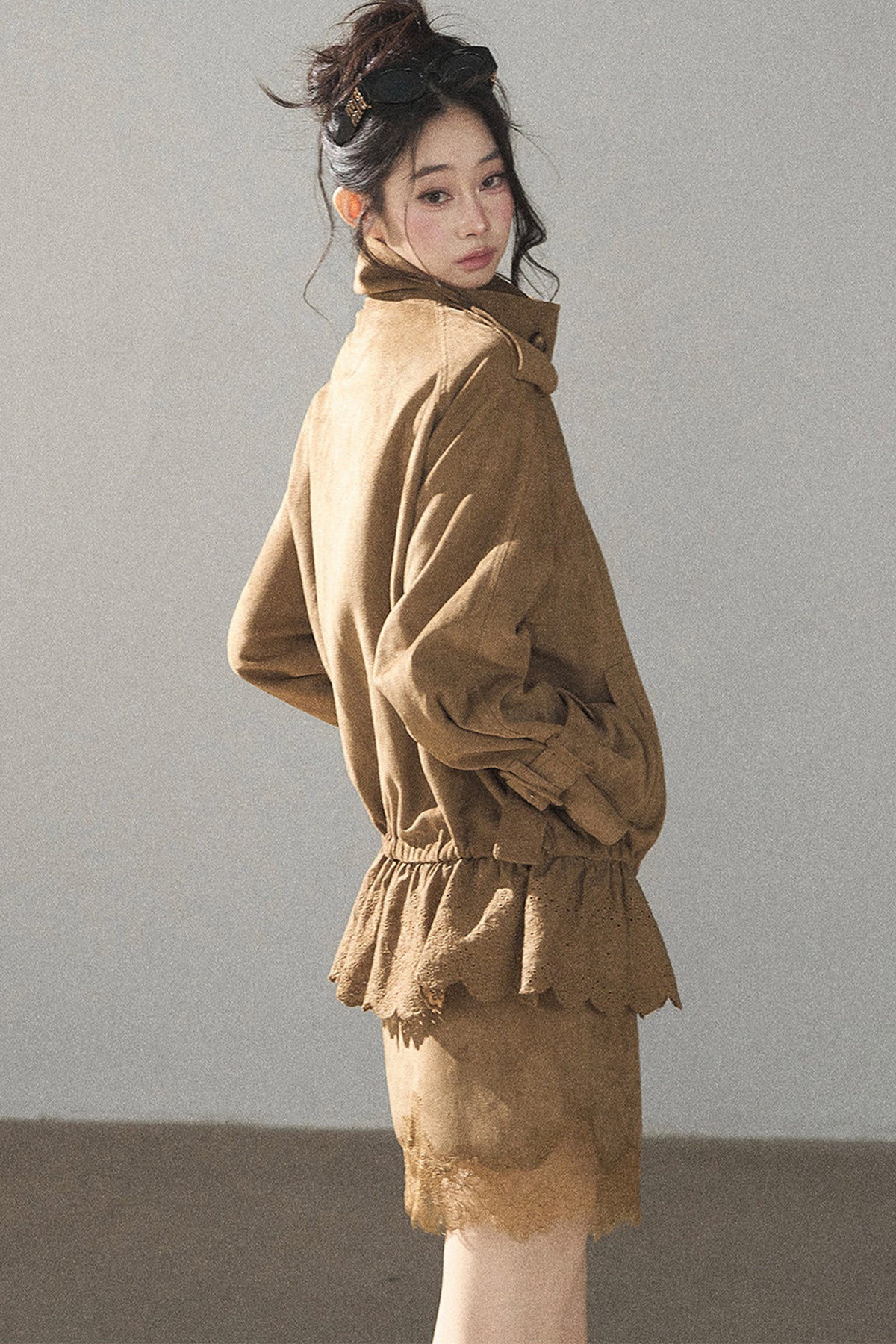 Double-Breasted Faux Suede Trench Coat and Skirt