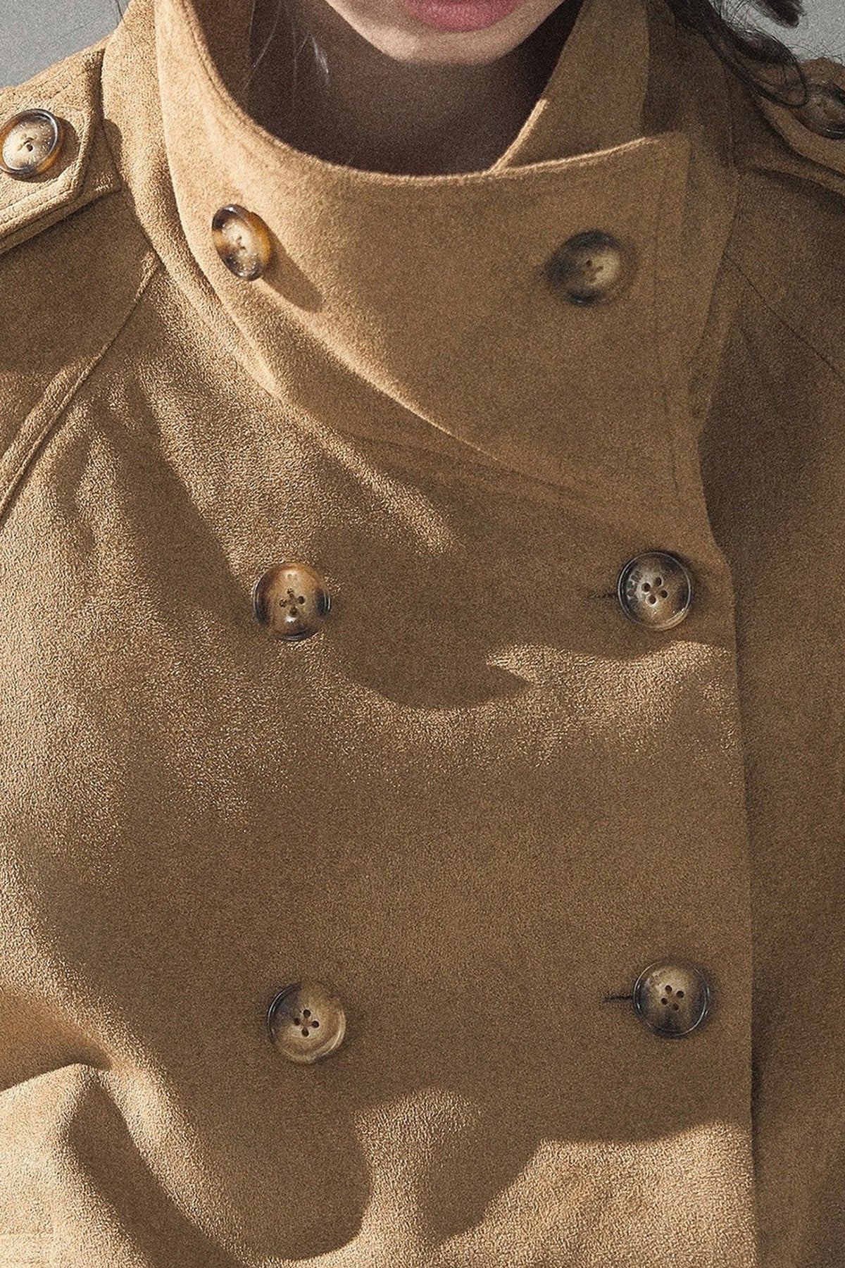 Double-Breasted Faux Suede Trench Coat and Skirt