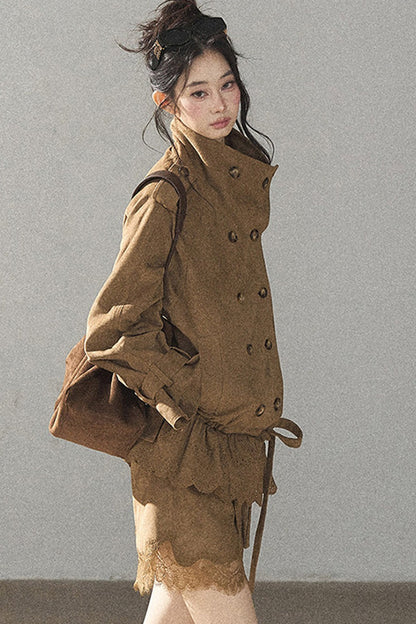 Double-Breasted Faux Suede Trench Coat and Skirt