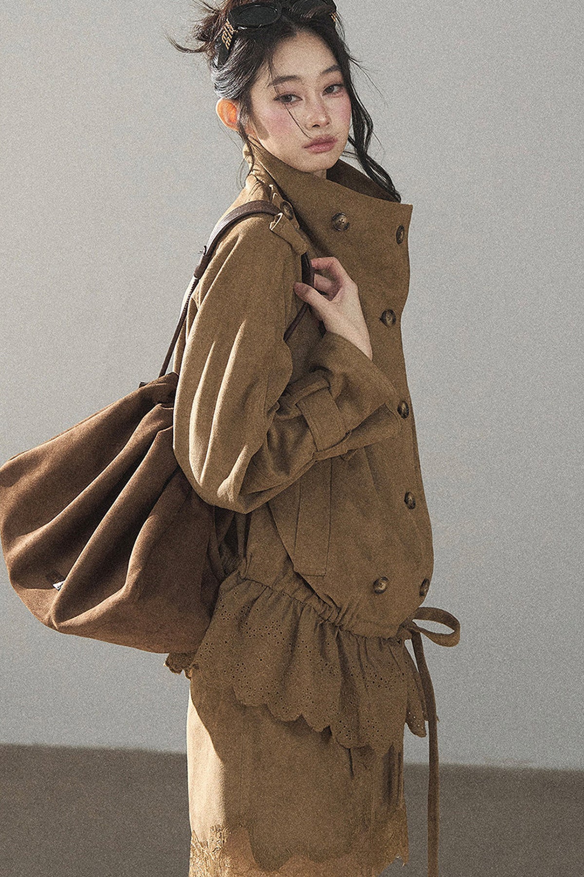 Double-Breasted Faux Suede Trench Coat and Skirt
