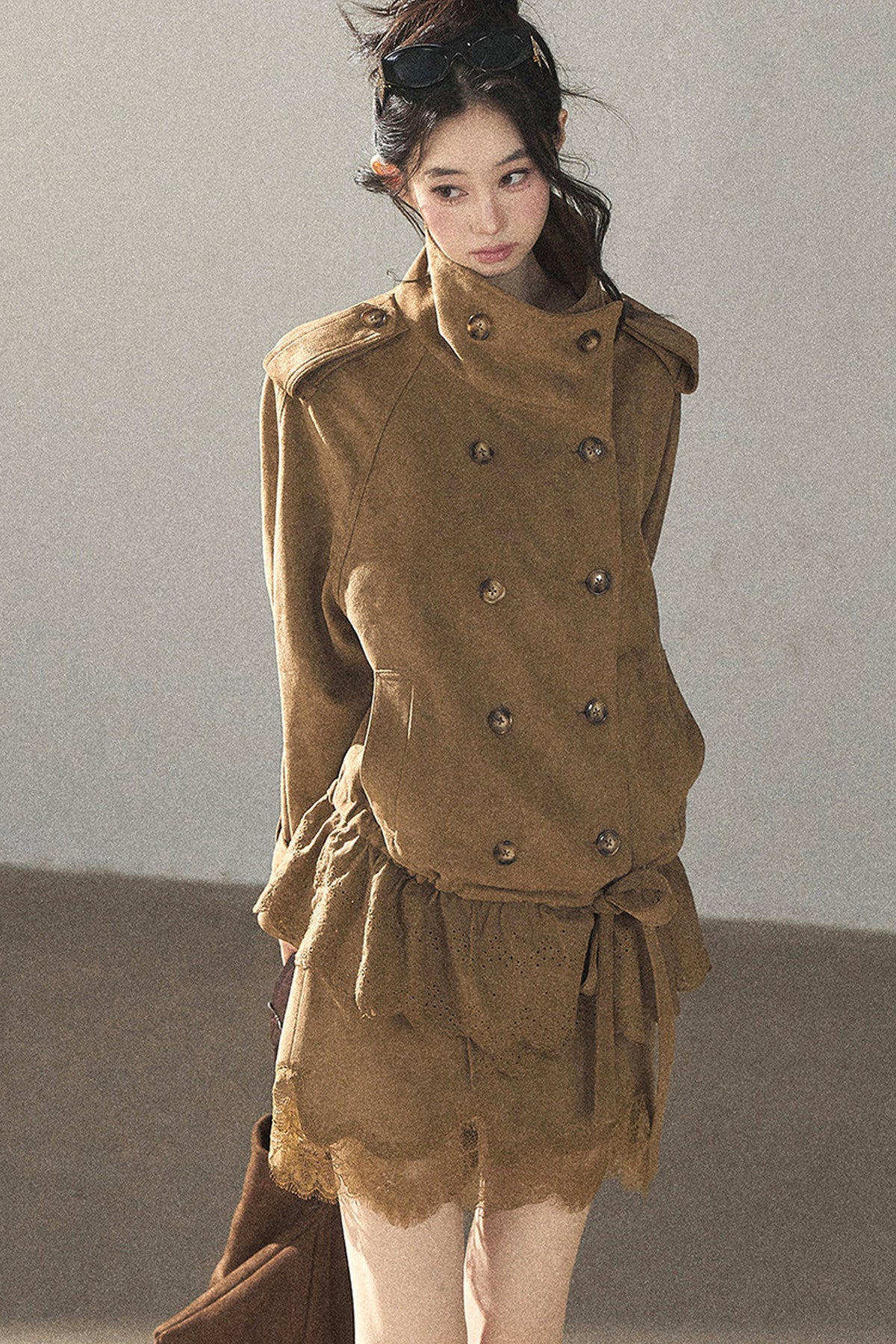 Double-Breasted Faux Suede Trench Coat and Skirt