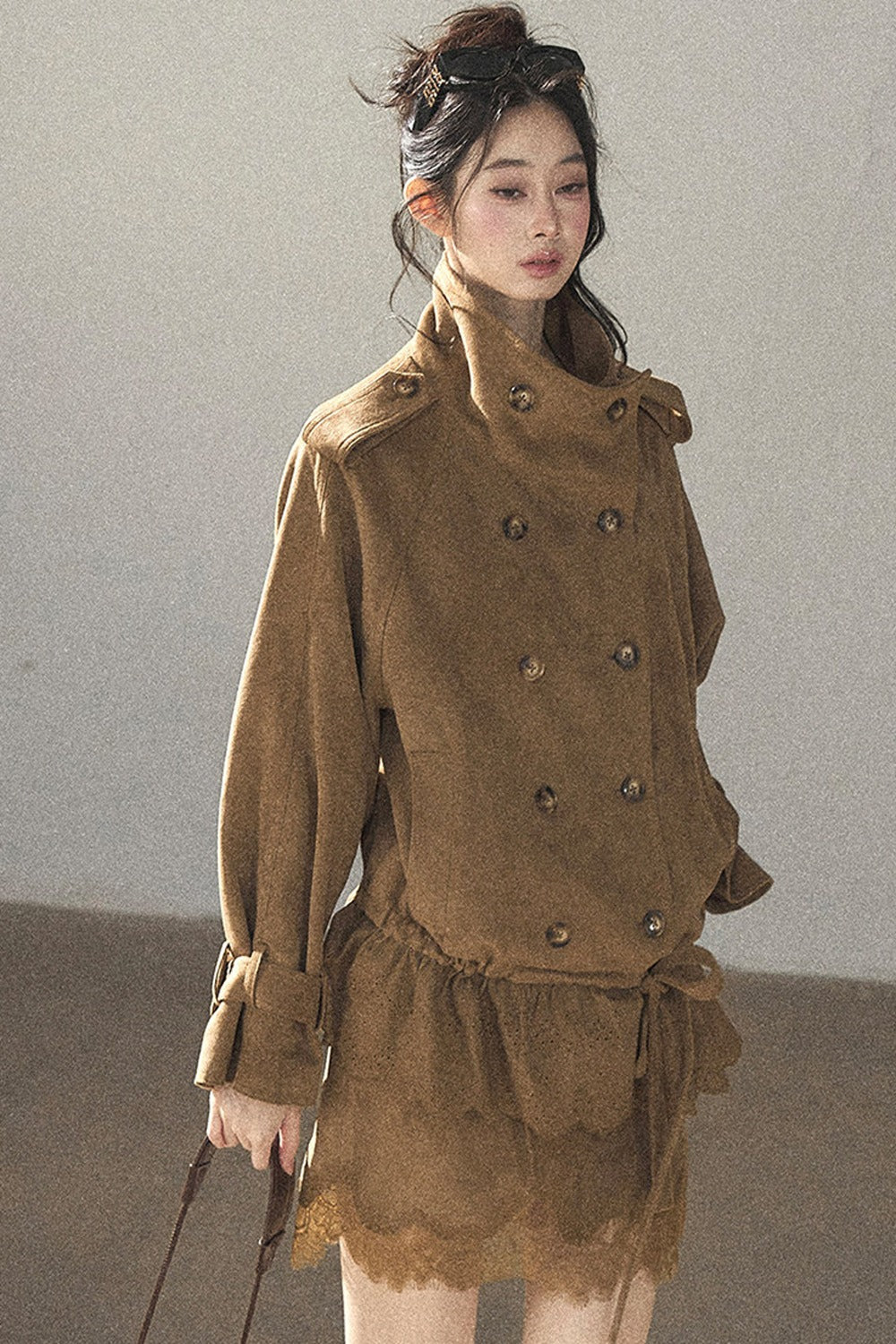 Double-Breasted Faux Suede Trench Coat and Skirt
