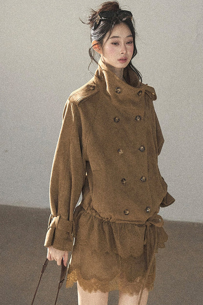 Double-Breasted Faux Suede Trench Coat and Skirt
