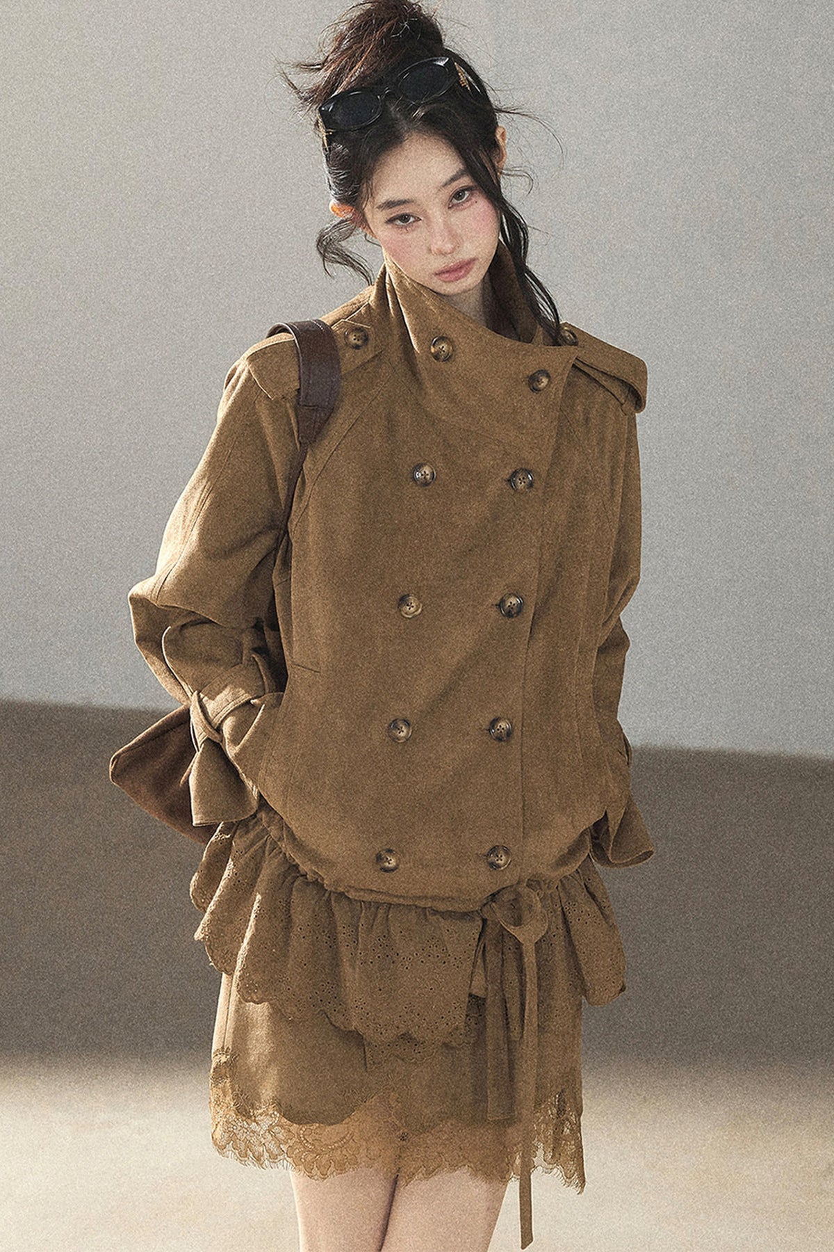 Double-Breasted Faux Suede Trench Coat and Skirt