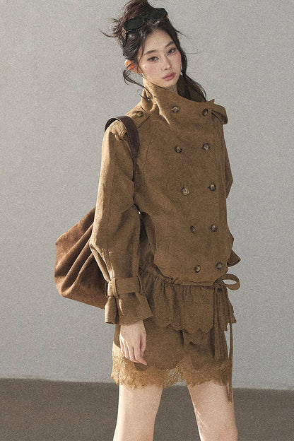 Double-Breasted Faux Suede Trench Coat and Skirt
