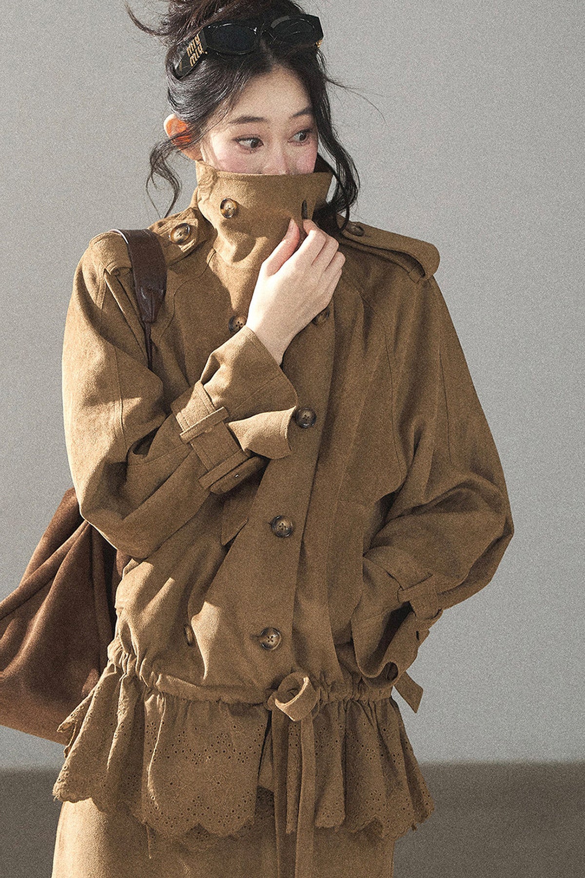 Double-Breasted Faux Suede Trench Coat and Skirt