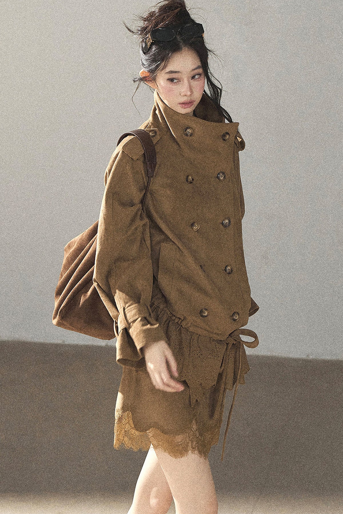 Double-Breasted Faux Suede Trench Coat and Skirt