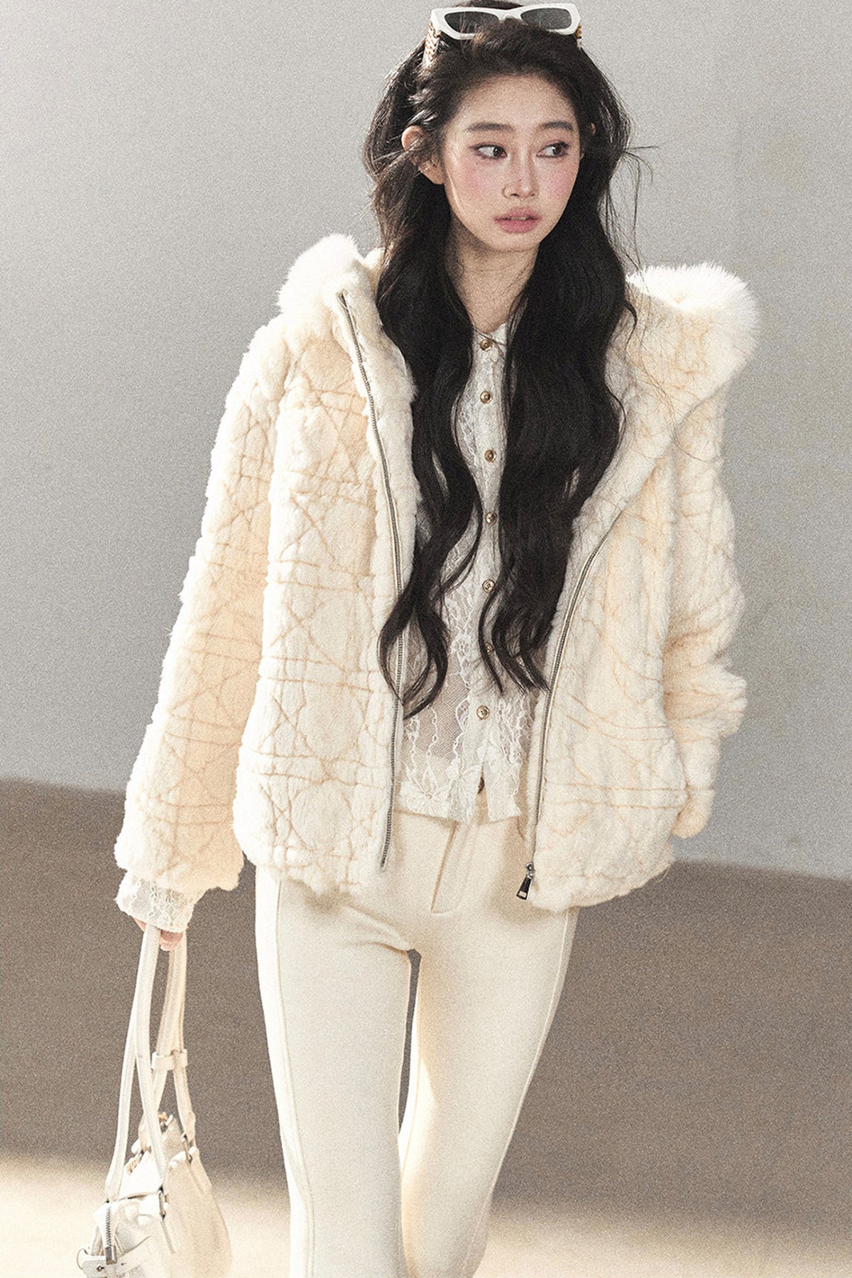 Quilted Faux Rabbit Fur Hooded Jacket