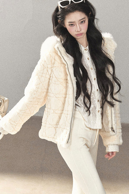 Quilted Faux Rabbit Fur Hooded Jacket