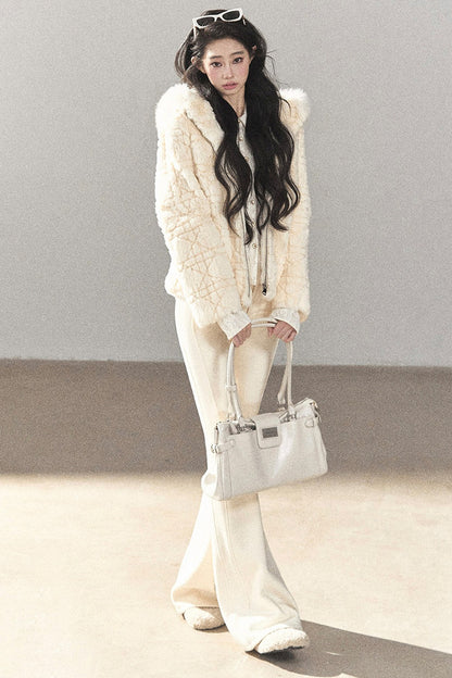 Quilted Faux Rabbit Fur Hooded Jacket