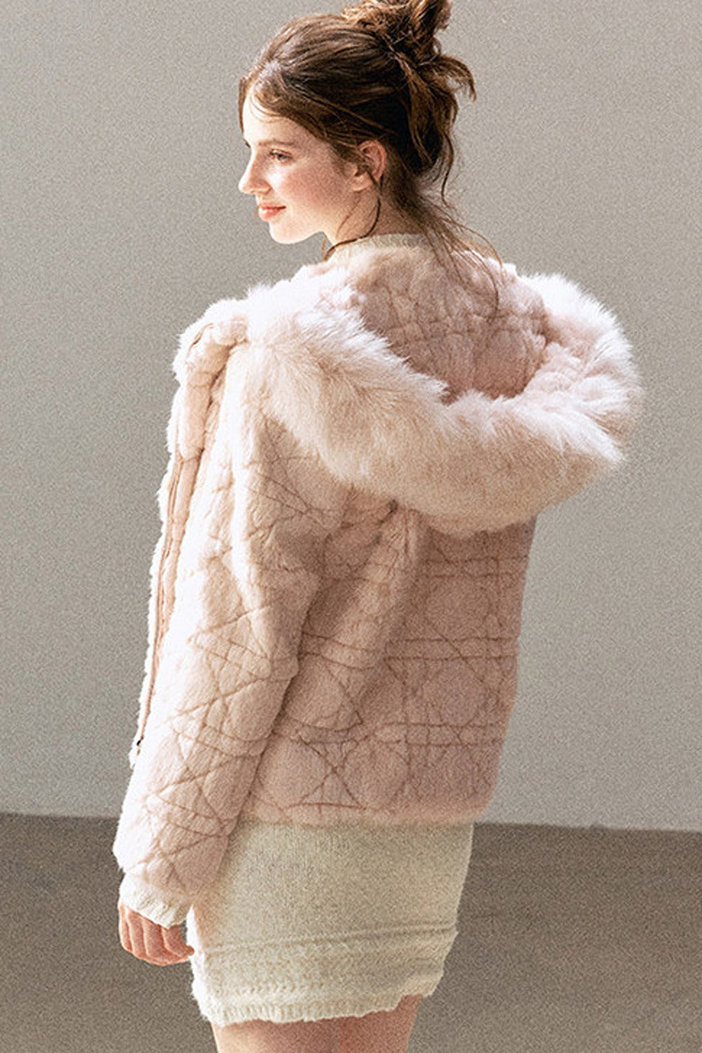 Quilted Faux Rabbit Fur Hooded Jacket