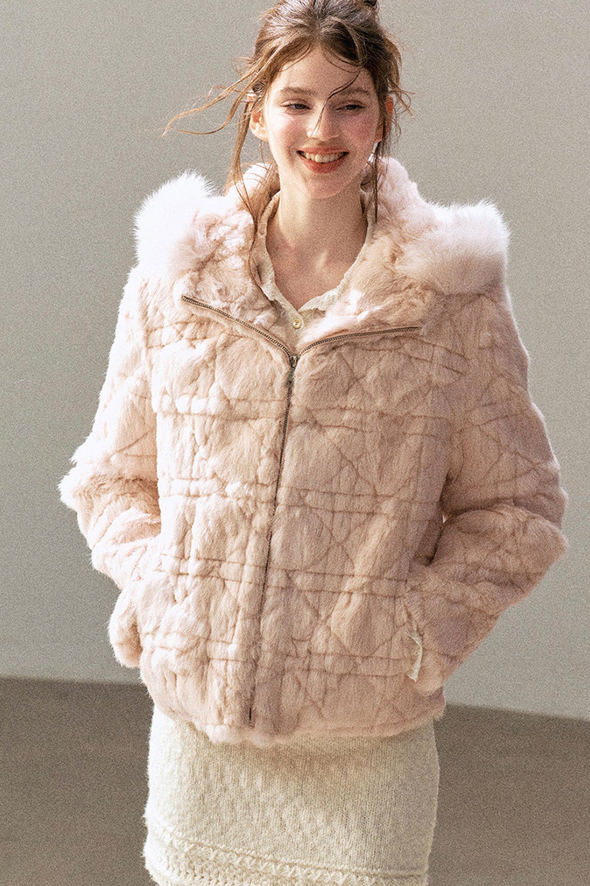 Quilted Faux Rabbit Fur Hooded Jacket