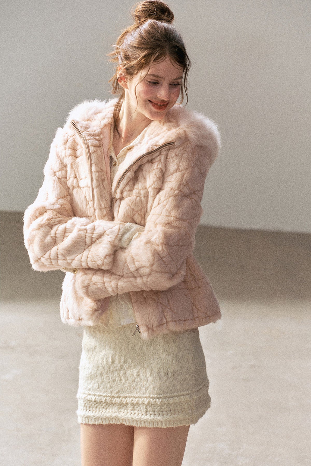 Quilted Faux Rabbit Fur Hooded Jacket