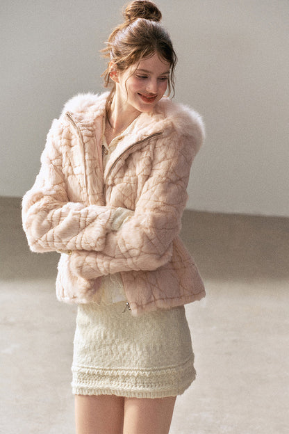 Quilted Faux Rabbit Fur Hooded Jacket
