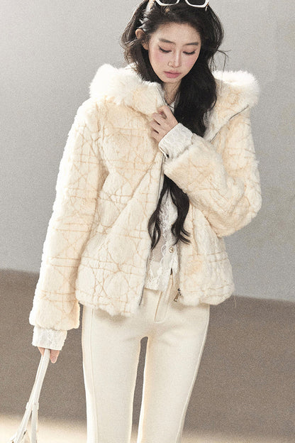Quilted Faux Rabbit Fur Hooded Jacket