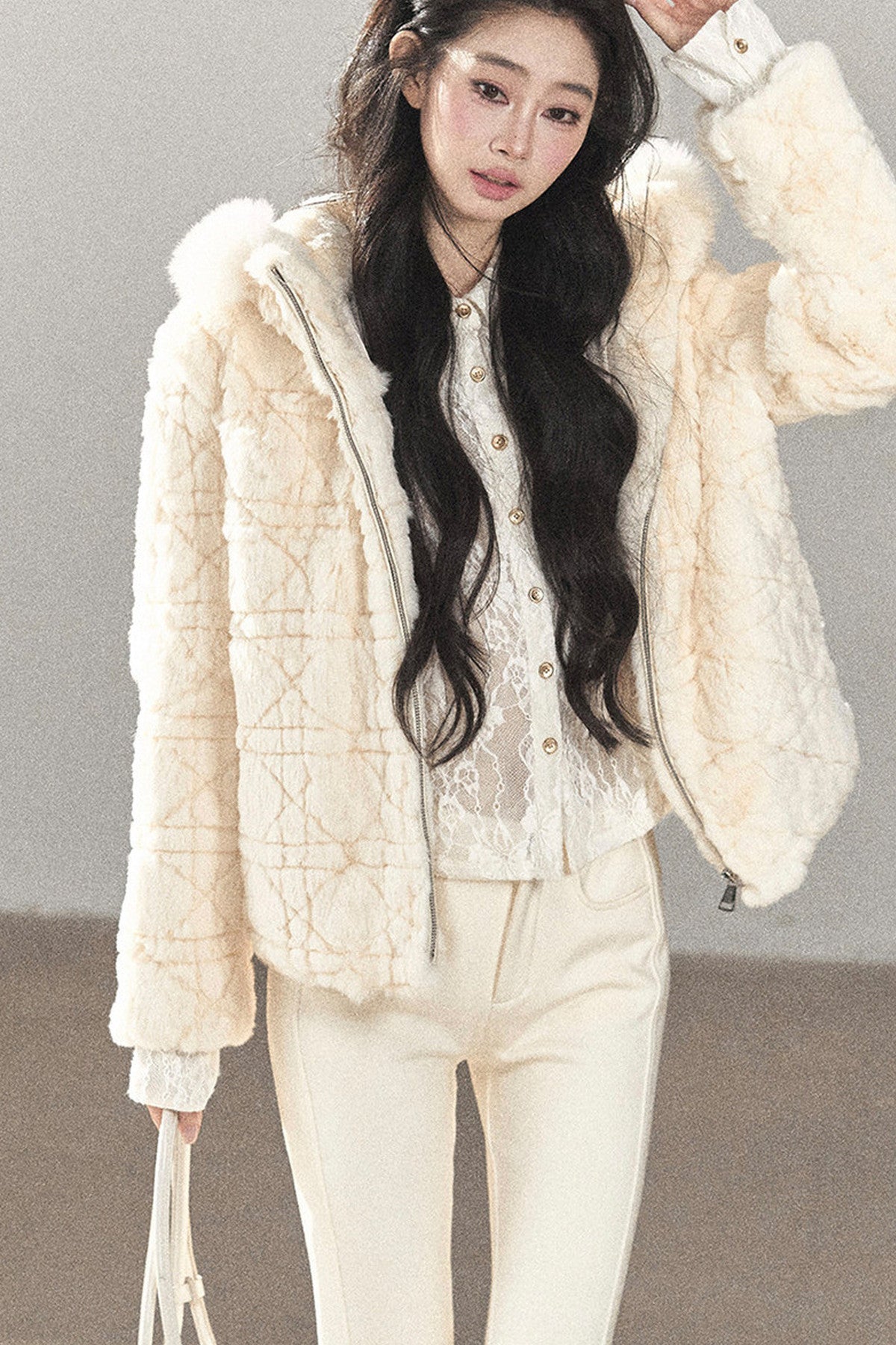 Quilted Faux Rabbit Fur Hooded Jacket