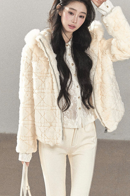 Quilted Faux Rabbit Fur Hooded Jacket