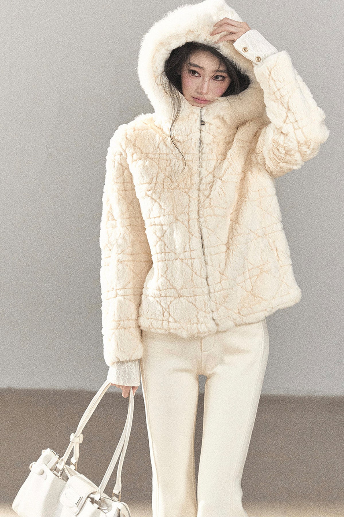 Quilted Faux Rabbit Fur Hooded Jacket