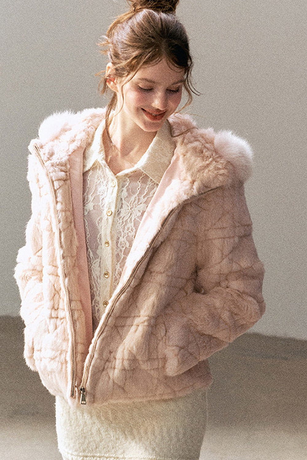 Quilted Faux Rabbit Fur Hooded Jacket