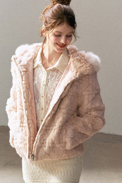 Quilted Faux Rabbit Fur Hooded Jacket