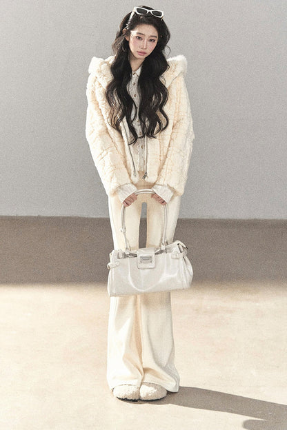 Quilted Faux Rabbit Fur Hooded Jacket