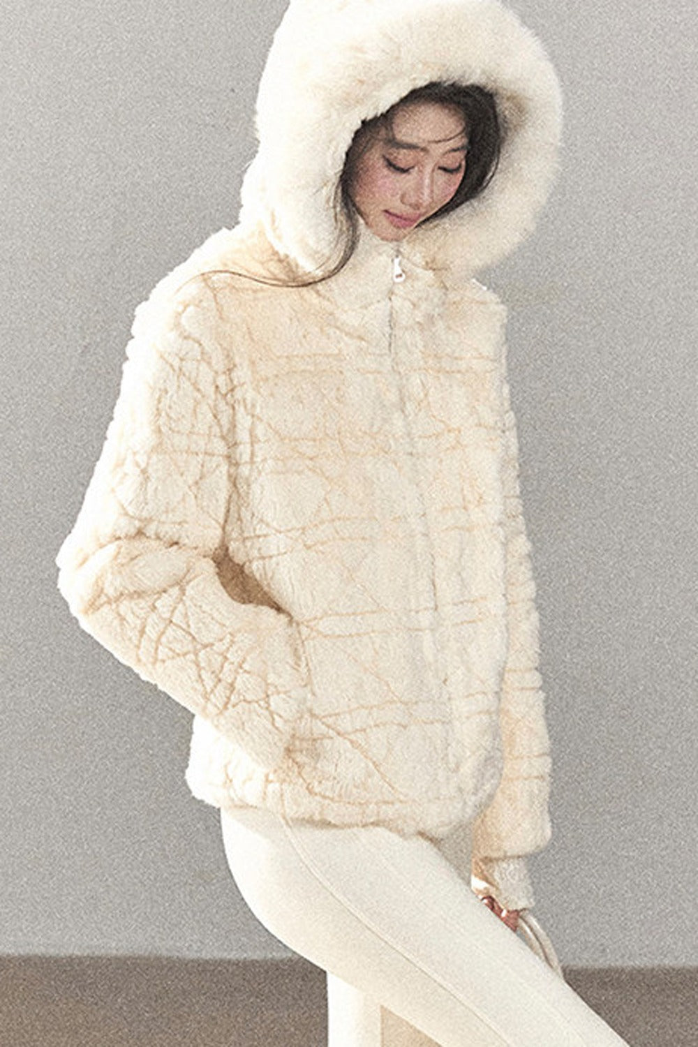 Quilted Faux Rabbit Fur Hooded Jacket