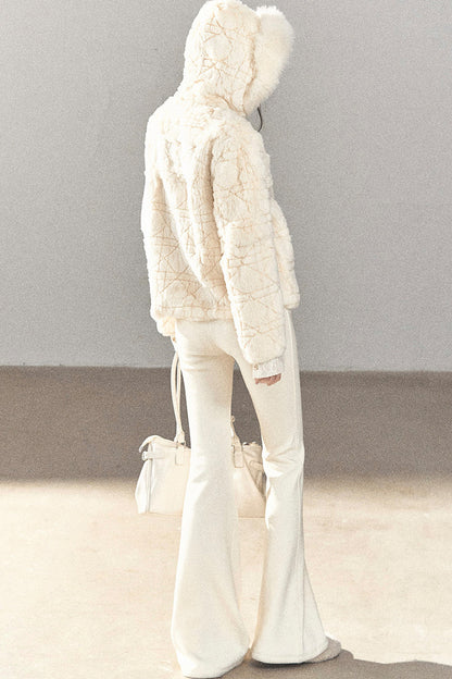 Quilted Faux Rabbit Fur Hooded Jacket
