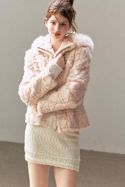 Quilted Faux Rabbit Fur Hooded Jacket