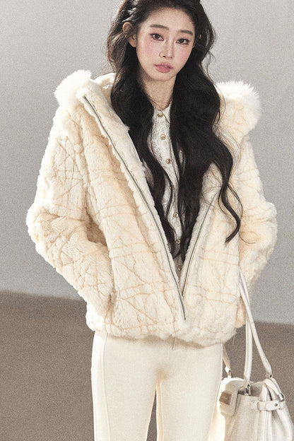 Quilted Faux Rabbit Fur Hooded Jacket