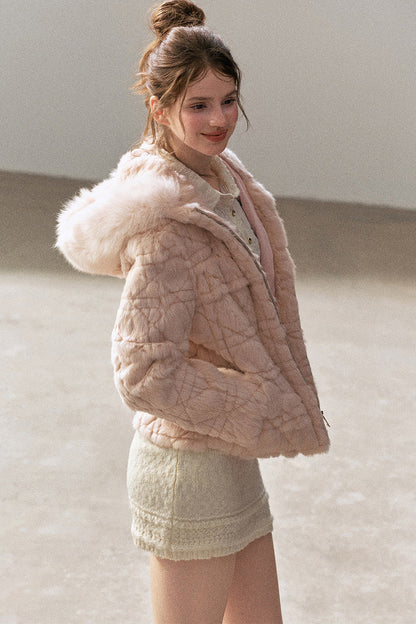 Quilted Faux Rabbit Fur Hooded Jacket