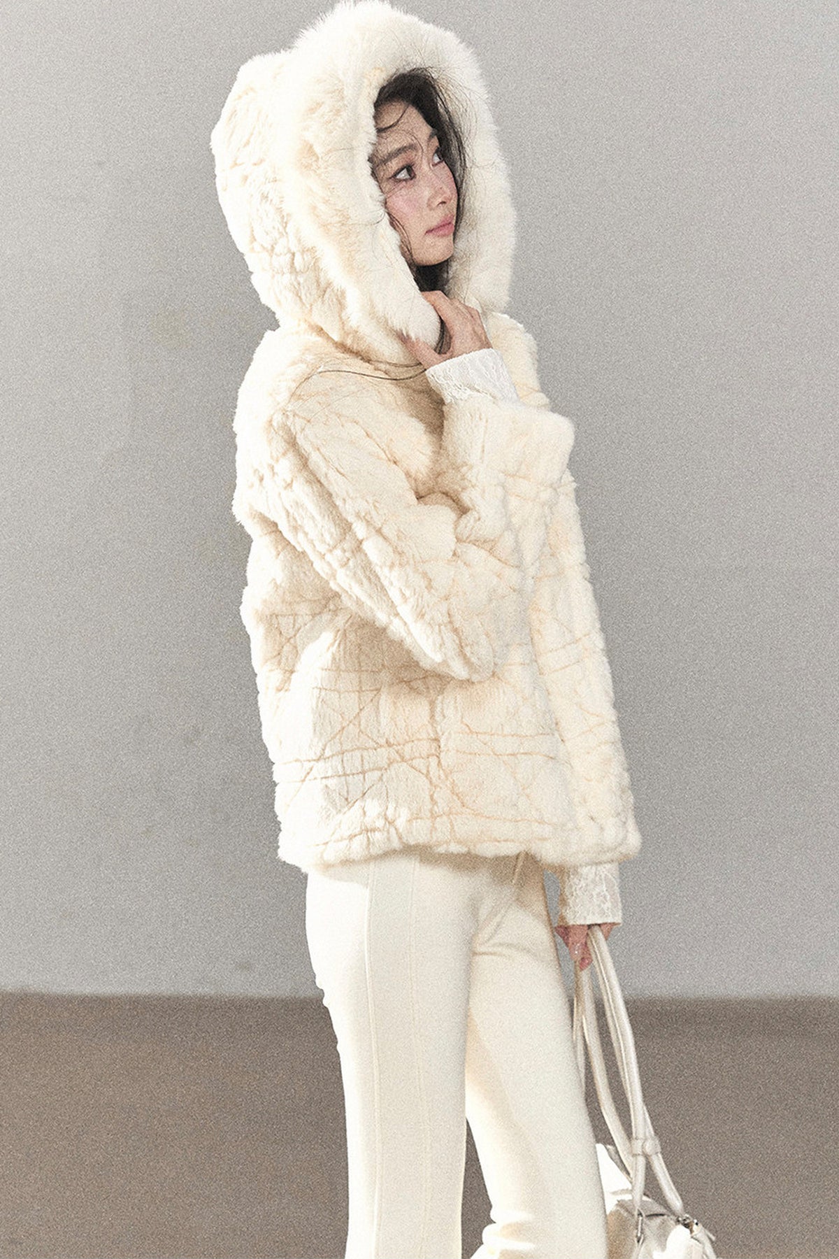 Quilted Faux Rabbit Fur Hooded Jacket