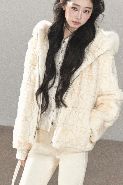 Quilted Faux Rabbit Fur Hooded Jacket