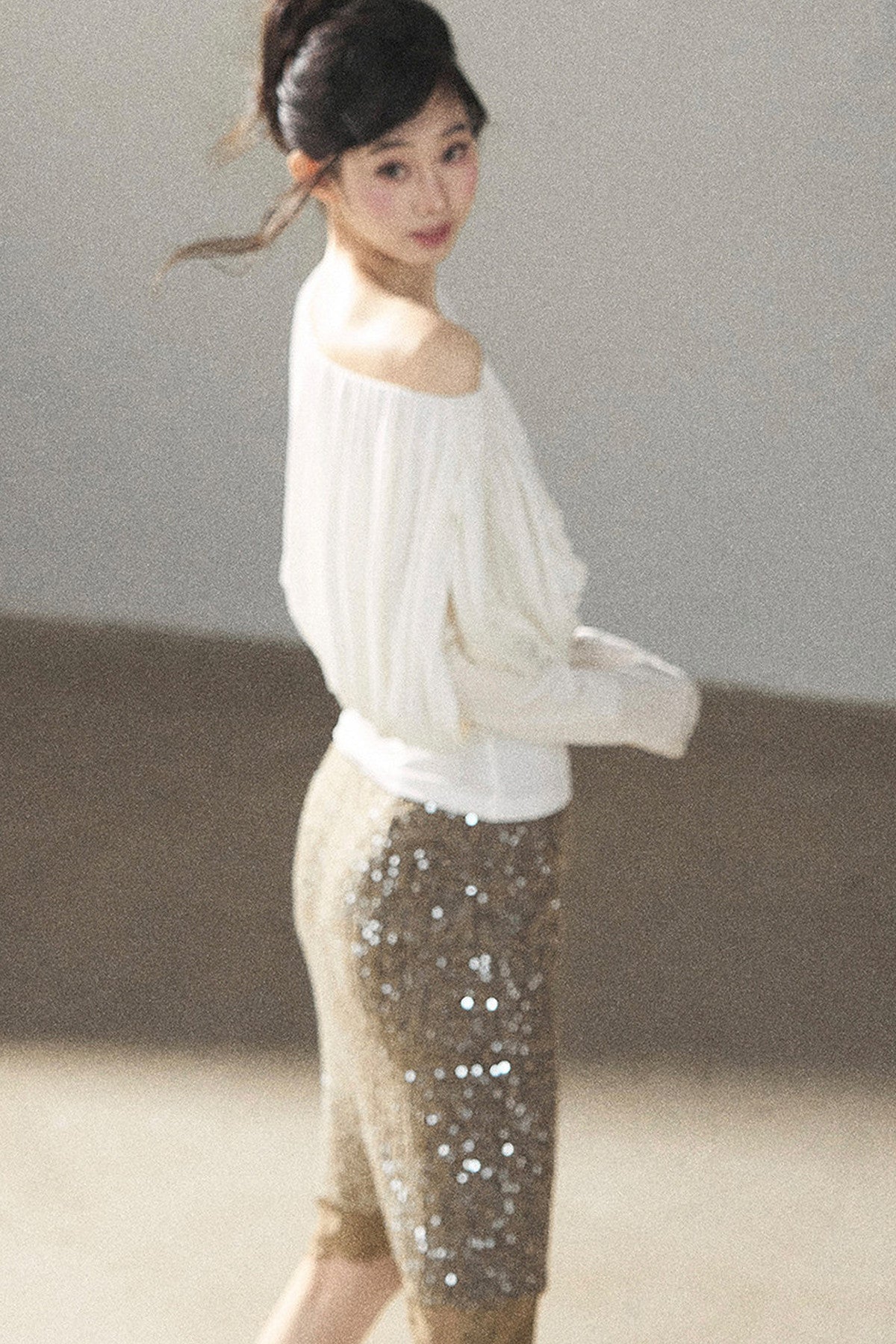 Off-Shoulder Long-Sleeve Cinched T-Shirt