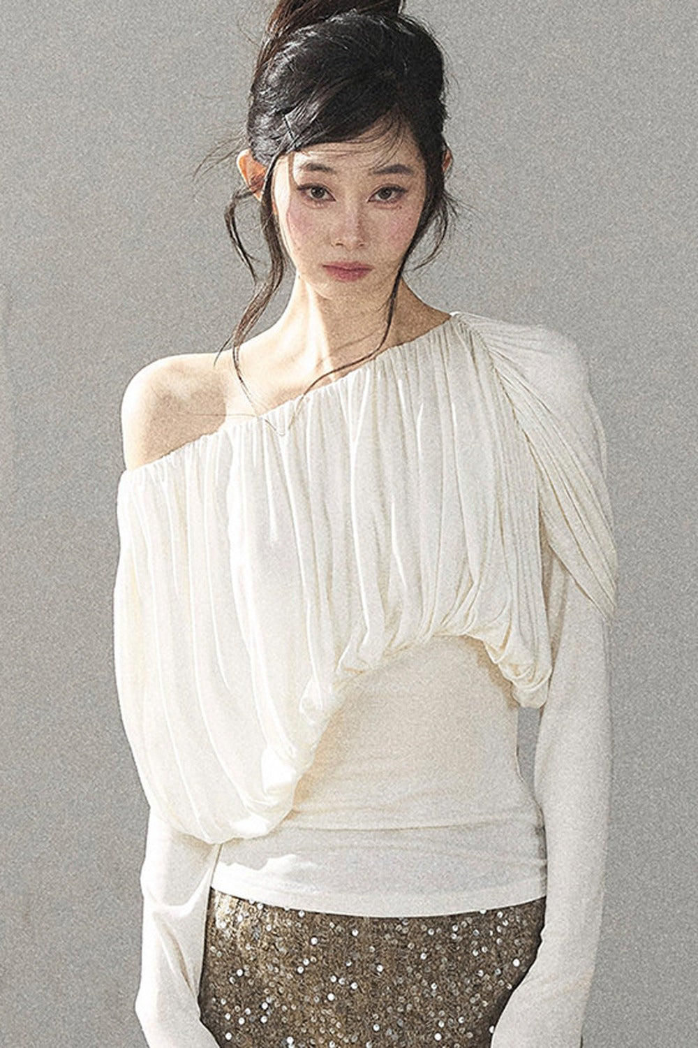 Off-Shoulder Long-Sleeve Cinched T-Shirt